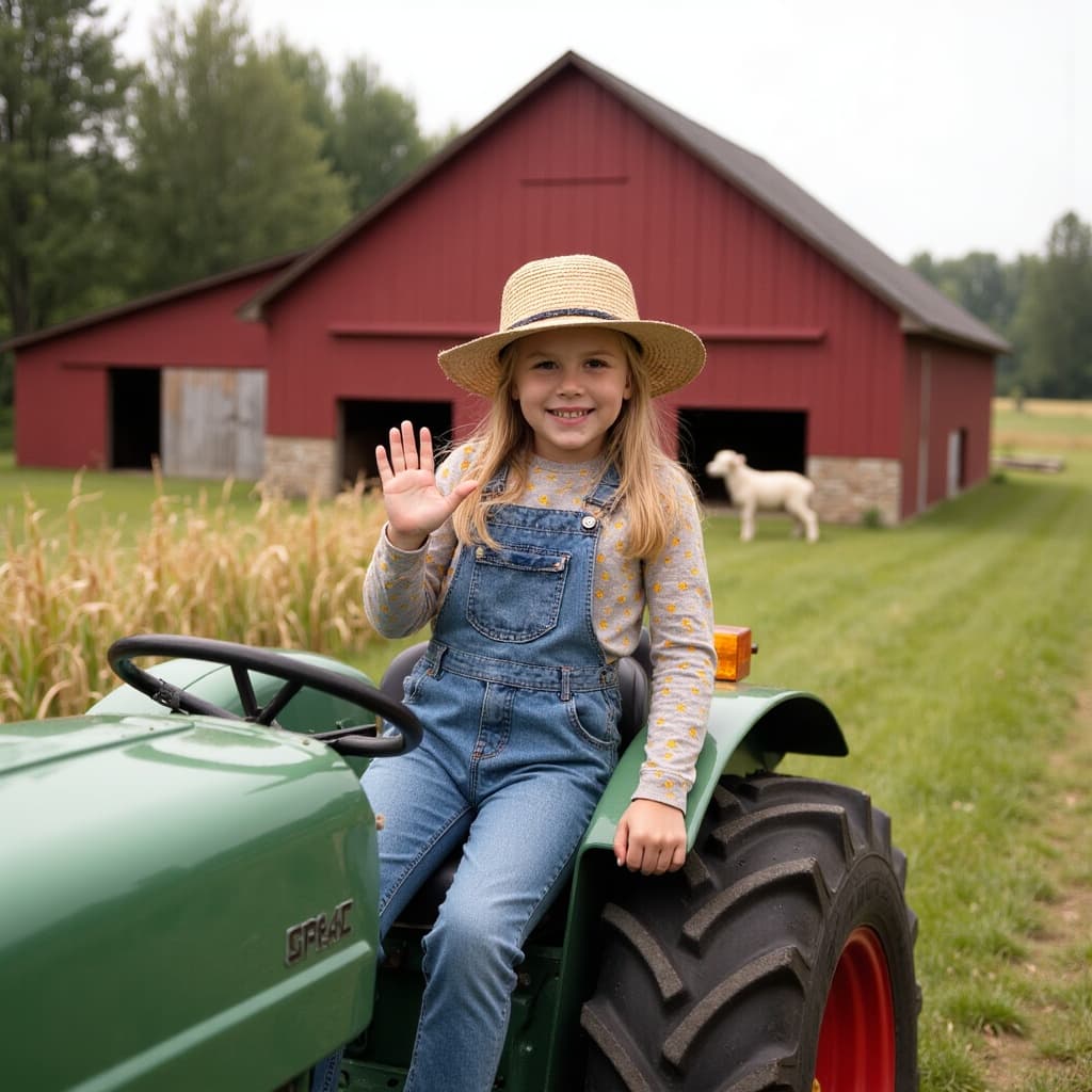 Child character on a tractor